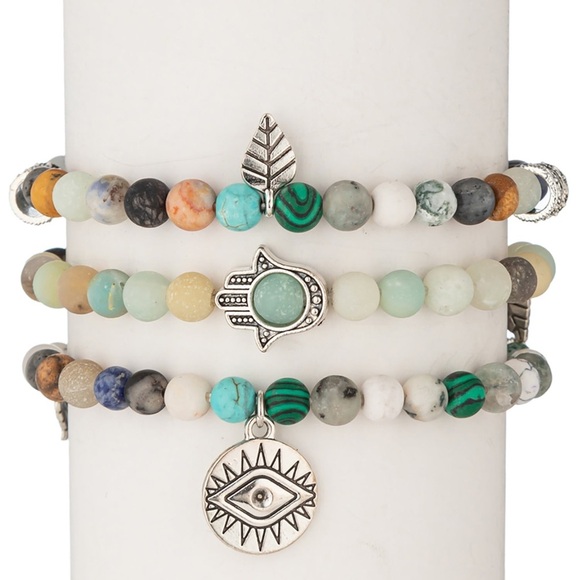 Boho Beaded Bracelet Set - Amazonite & Agate Eye - Picture 1 of 5